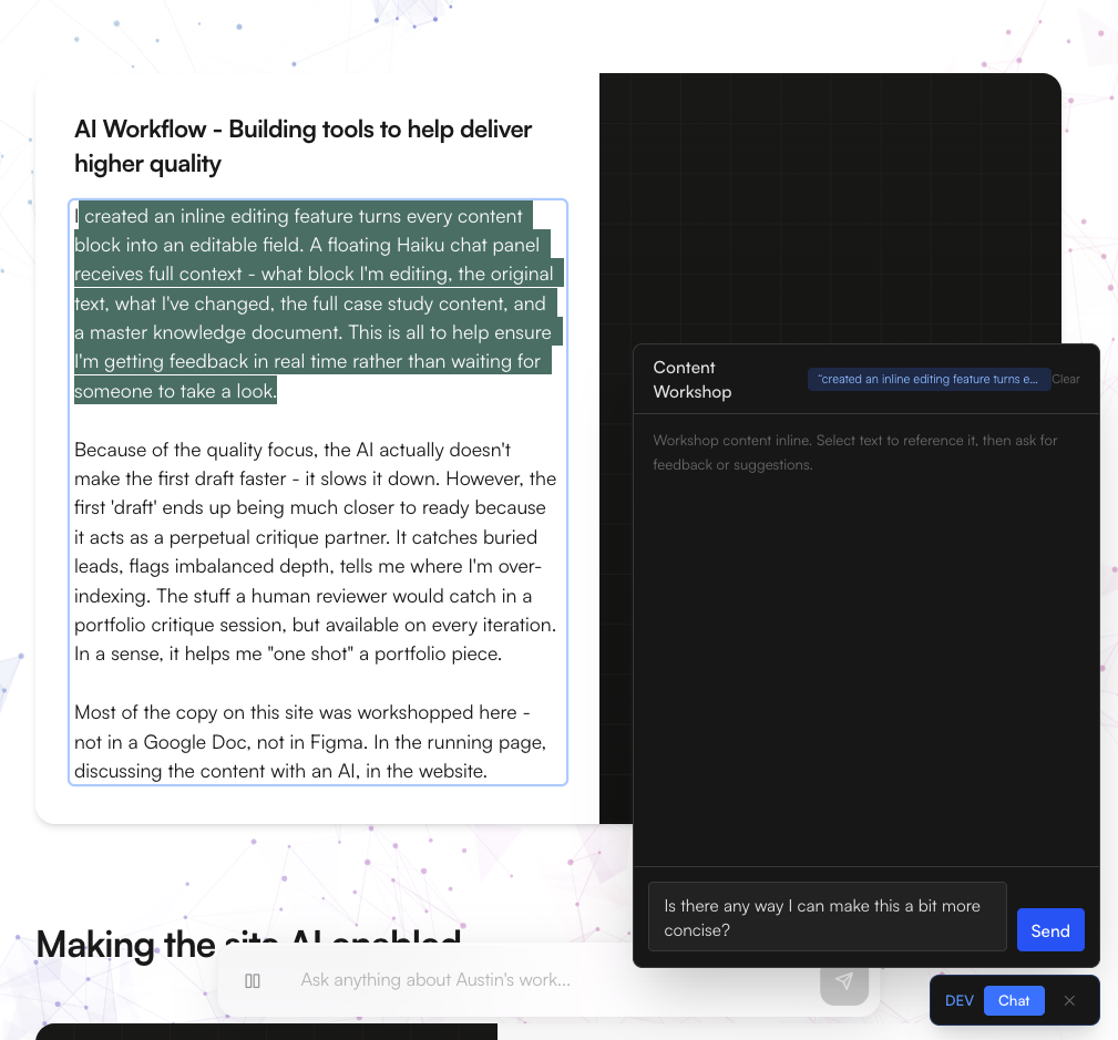 Portfolio dev mode showing inline editing with the Haiku chat panel open mid-conversation