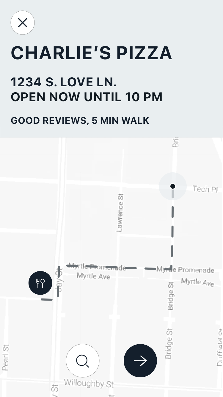 Higher-fidelity wireframe of a search result and walking route for Charlie’s Pizza.