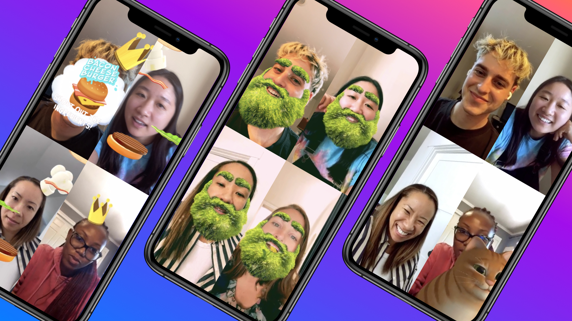 Group Effects launch artwork - friends playing AR effects together in a video call